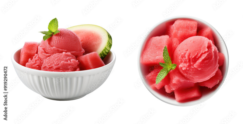 Watermelon Sorbet ice cream in a white bowl, side and top view, isolated on a transparent background Watermelon Sorbet ice cream in a white bowl, side and top view, isolated on a transparent background