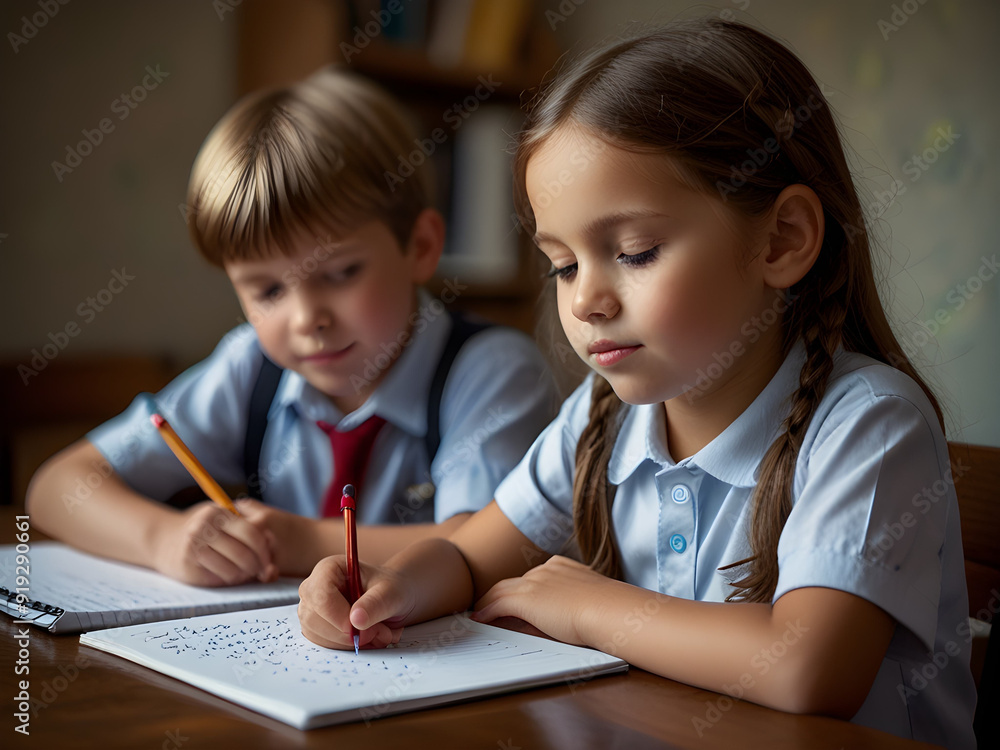 two children drawing with pencils two children drawing with pencils