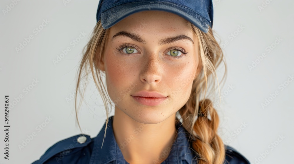 Young woman in a blue cap and uniform poses against a simple background indoors Young woman in a blue cap and uniform poses against a simple background indoors