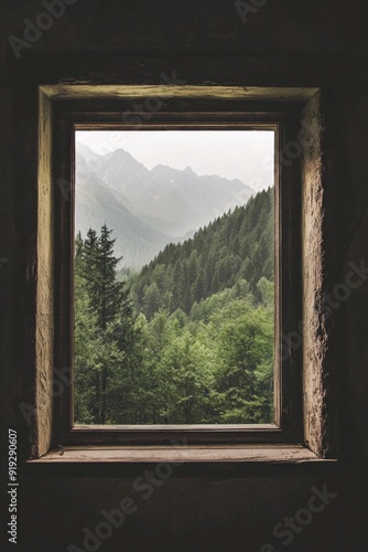 A window in a minimalist mountain retreat, with a view of a deep forest and distant peaks. 