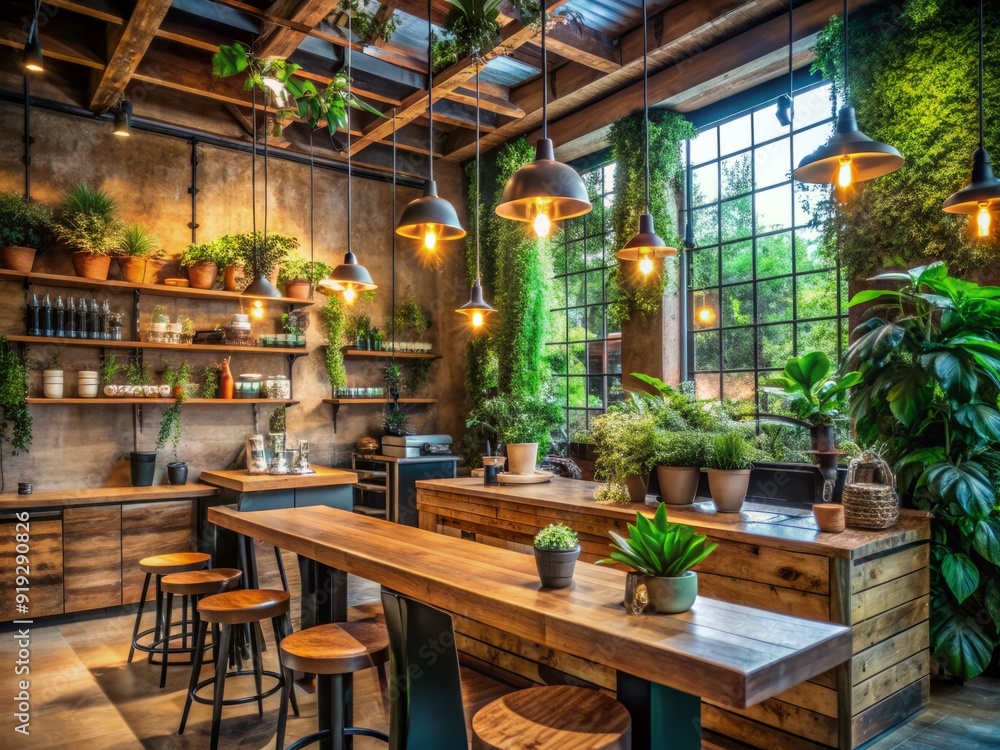 Cozy cafe interior with reclaimed wood accents, industrial lighting, and lush greenery, perfect for relaxing and enjoying a warm cup of artisanal coffee. Cozy cafe interior with reclaimed wood accents, industrial lighting, and lush greenery, perfect for relaxing and enjoying a warm cup of artisanal coffee.