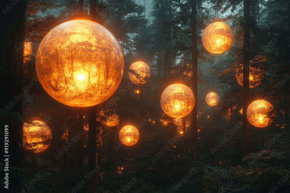 A twilight forest where the Forest Sentinels, glowing orbs of light, float among the trees, guiding lost travelers, A twilight forest where the Forest Sentinels, glowing orbs of light, float among the trees, guiding lost travelers,