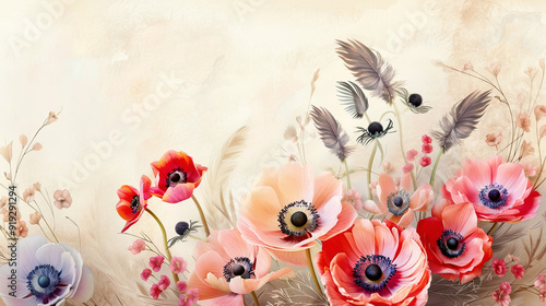 Watercolor boho anemones and feathers with negative space, vibrant flowers standing out against soft background, light beige