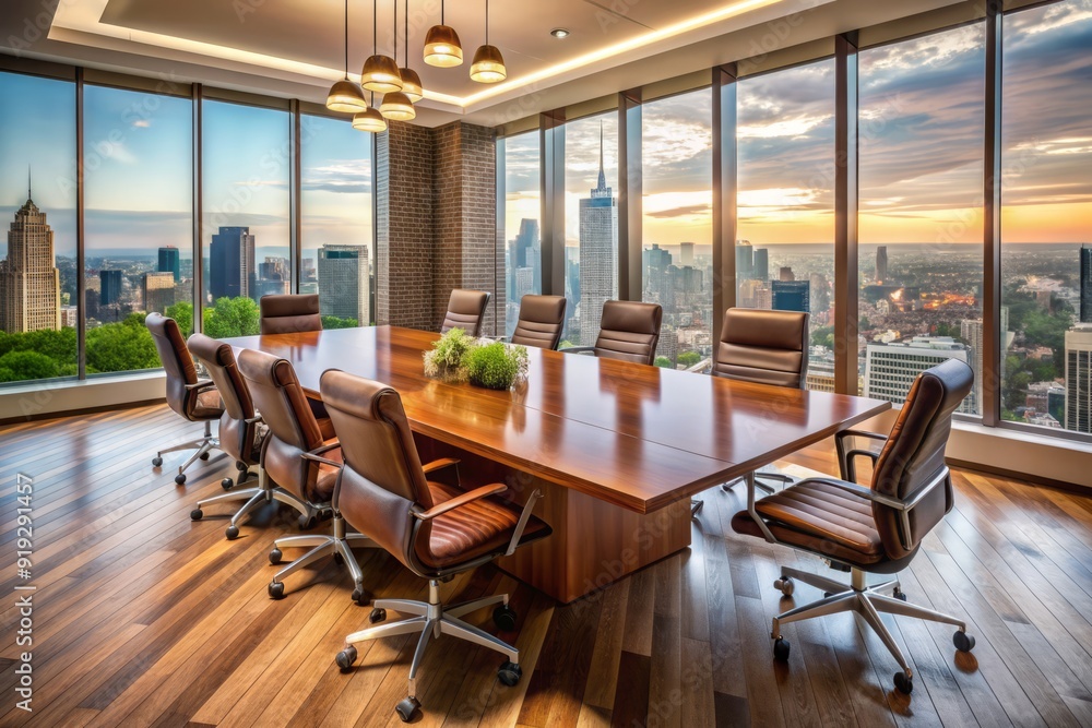 A modern conference room with a large wooden table, leather chairs, and a city skyline view outside, set for a professional corporate meeting. A modern conference room with a large wooden table, leather chairs, and a city skyline view outside, set for a professional corporate meeting.