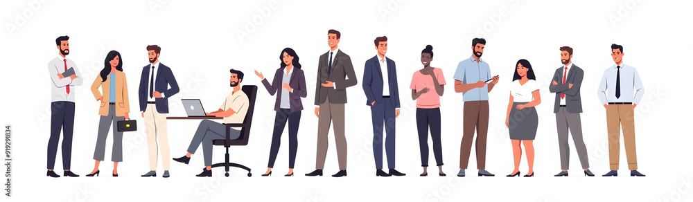 Fototapeta premium Multinational business team. Vector illustration of diverse cartoon men and women of various ethnicities, ages and body type in office outfits. Isolated on white 