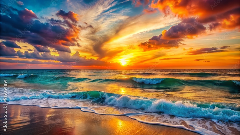 Fototapeta premium Vibrant orange and pink hues dance across the sky as the sun sets over calm turquoise waters, casting a warm golden glow on the rolling waves.