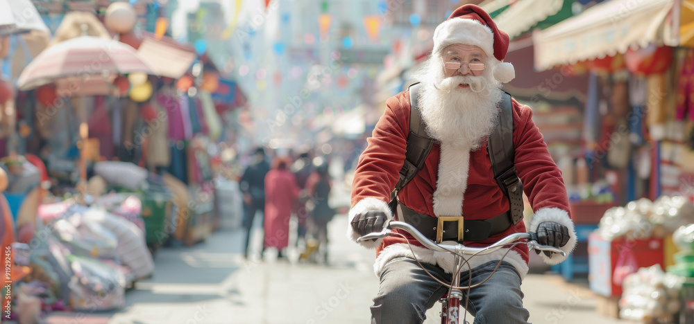 Obraz premium Santa Claus, wearing his iconic red suit and hat, rides a bicycle through a bustling Christmas market
