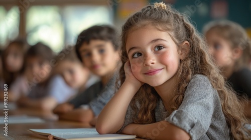 A girl with long hair is sitting at a desk with her head on her hand