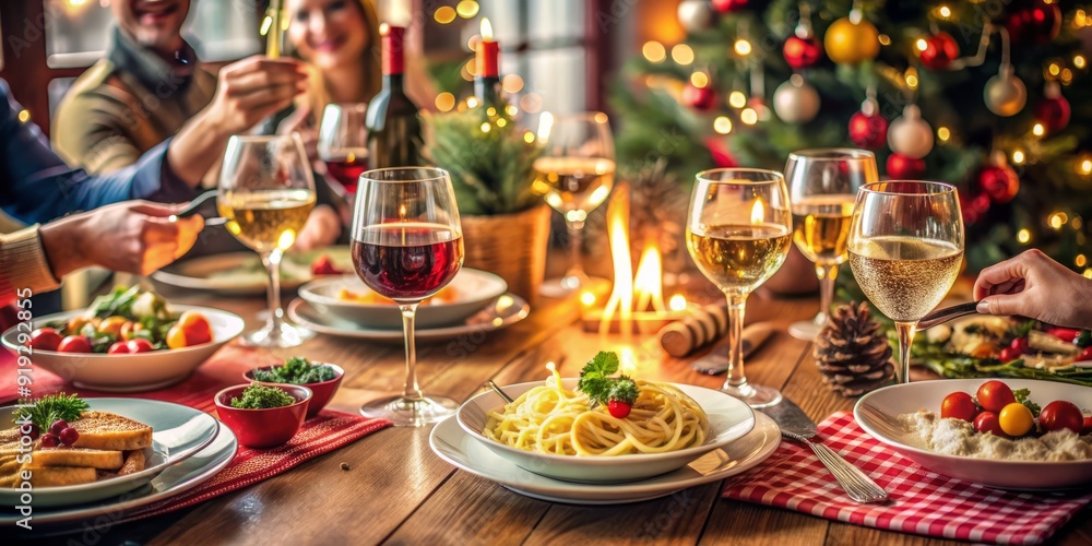 Vibrant dinner table setting with steaming pasta, wine glasses, and festive decorations, conveying a sense of joyful celebration and warm companionship among friends. Vibrant dinner table setting with steaming pasta, wine glasses, and festive decorations, conveying a sense of joyful celebration and warm companionship among friends.