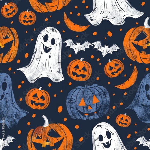 A spooky Halloween pattern with jack-o-lanterns, ghosts, and bats.