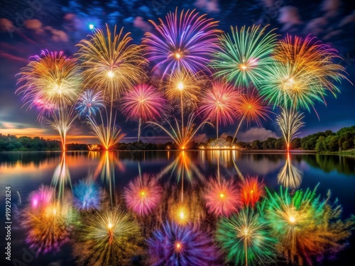 Vibrant multicolored fireworks illuminate the night sky, reflecting off the calm river water, creating a stunning symmetrical display of light and color.