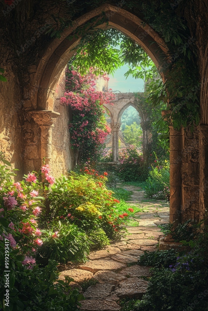 A window in a peaceful monastery, overlooking a garden filled with blooming flowers and a stone path. A window in a peaceful monastery, overlooking a garden filled with blooming flowers and a stone path.