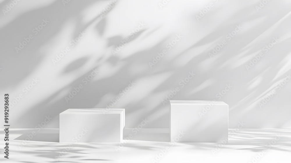 two white cube podium with shadow on the background, mockup stage for product presentation in minimalistic interior, two white cube podium with shadow on the background, mockup stage for product presentation in minimalistic interior,
