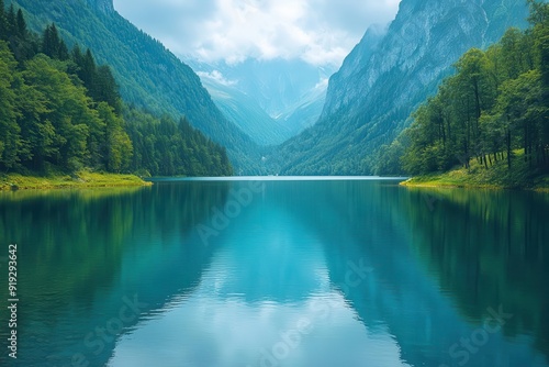 majestic hydroelectric dam nestled in lush mountains with a serene lake reflecting the sky and surrounding forest symbolizing clean energy and environmental harmony