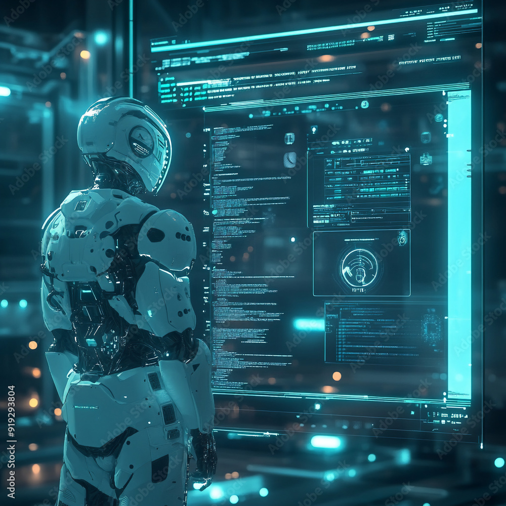 futuristic AI standing infront of a screen resolving an Incident management IT shown from a over-the-shoulder Angle futuristic AI standing infront of a screen resolving an Incident management IT shown from a over-the-shoulder Angle