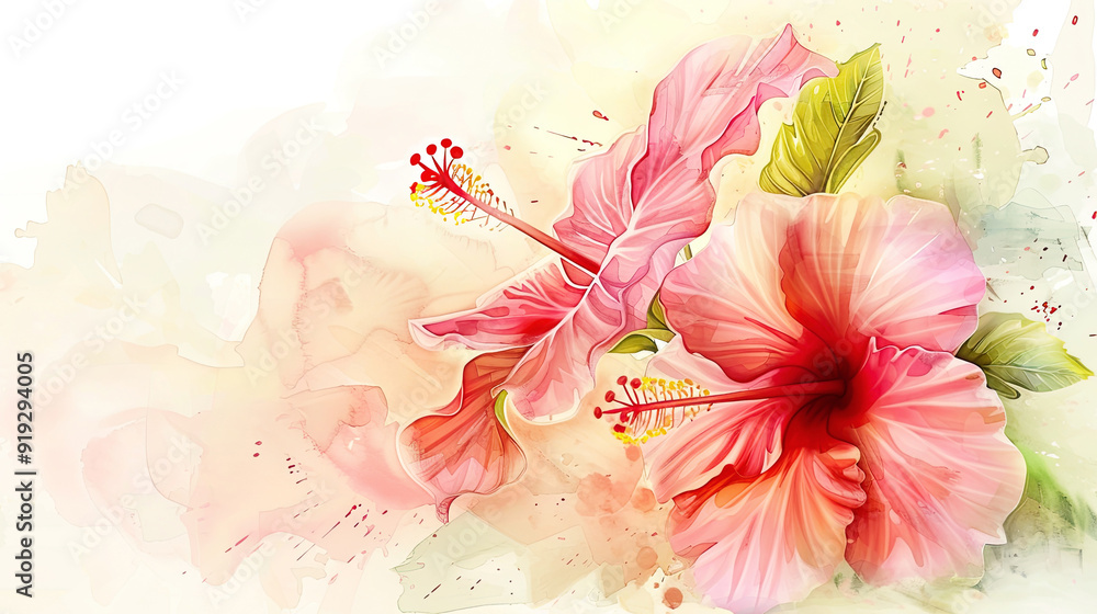 Watercolor hibiscus detailing with fine brushes, intricate and vibrant designs, light background Watercolor hibiscus detailing with fine brushes, intricate and vibrant designs, light background
