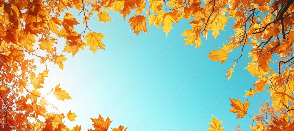 Bright Autumn Day with Golden Leaves Falling Against a Clear Blue Sky Bright Autumn Day with Golden Leaves Falling Against a Clear Blue Sky