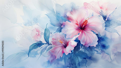 Watercolor hibiscus using lifting, soft and light, delicate and gentle, pastel shades, light background