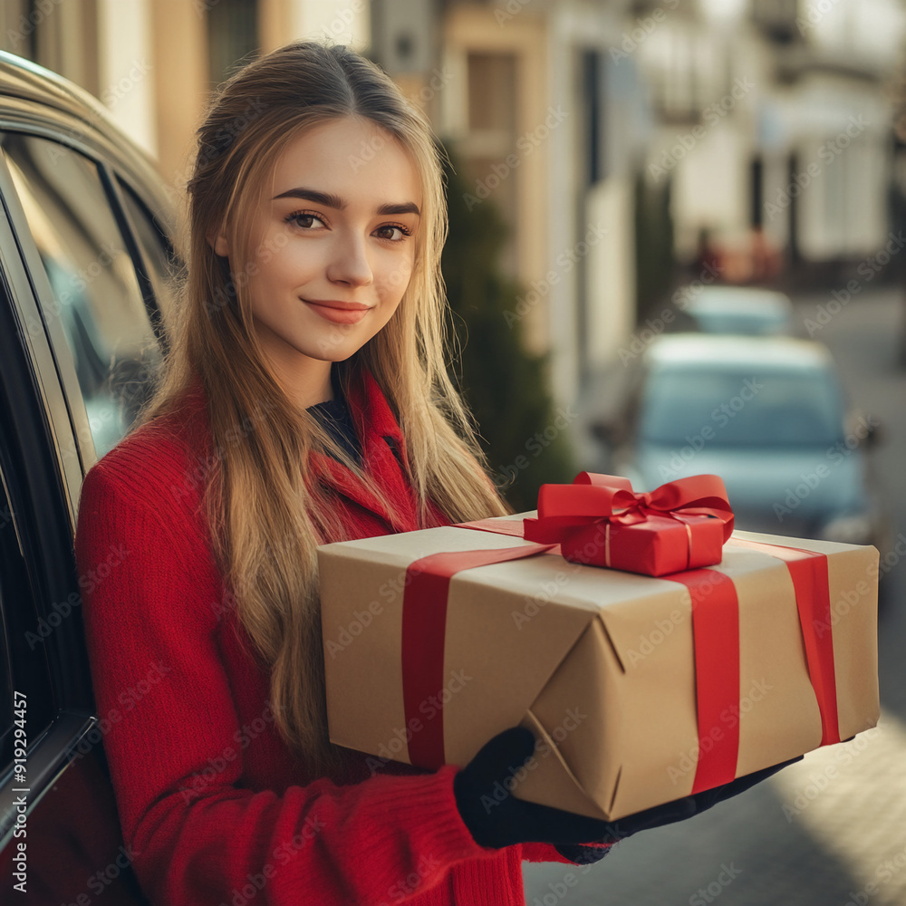 Caucasian delivery woman delivering presents with a car to businesses during mid-day Caucasian delivery woman delivering presents with a car to businesses during mid-day