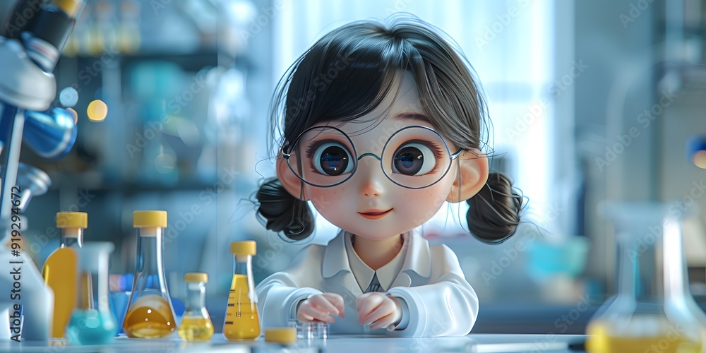 An adorable Asian girl engaged in a children's educational activity, conducting research in a laboratory with a microscope. The scene captures a playful and inquisitive atmosphere, emphasizing the imp An adorable Asian girl engaged in a children's educational activity, conducting research in a laboratory with a microscope. The scene captures a playful and inquisitive atmosphere, emphasizing the imp
