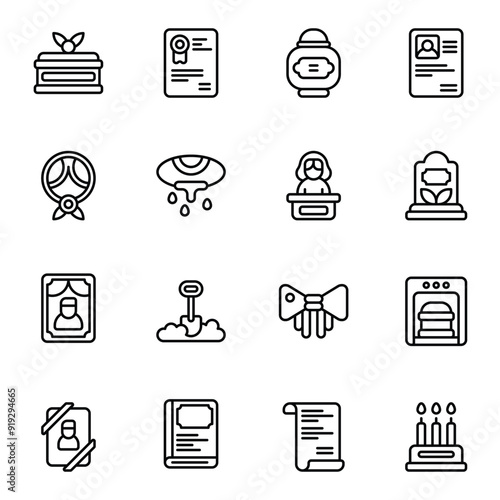 Funeral icon set. Includes book, bury, cremation, coffin, gravestone, obituary, and More. Outline icons vector collection.