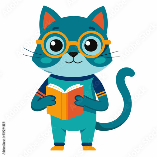 cat with book and glasses logo vector illustration on a white background.