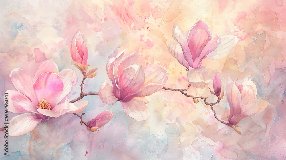 Watercolor magnolias in wet-on-dry style, detailed petals in vibrant spring colors, pastel background Watercolor magnolias in wet-on-dry style, detailed petals in vibrant spring colors, pastel background