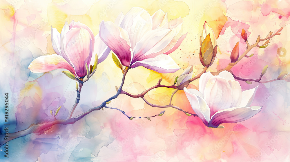 Watercolor magnolias in wet-on-dry style, fine details in bright spring colors, pastel background Watercolor magnolias in wet-on-dry style, fine details in bright spring colors, pastel background