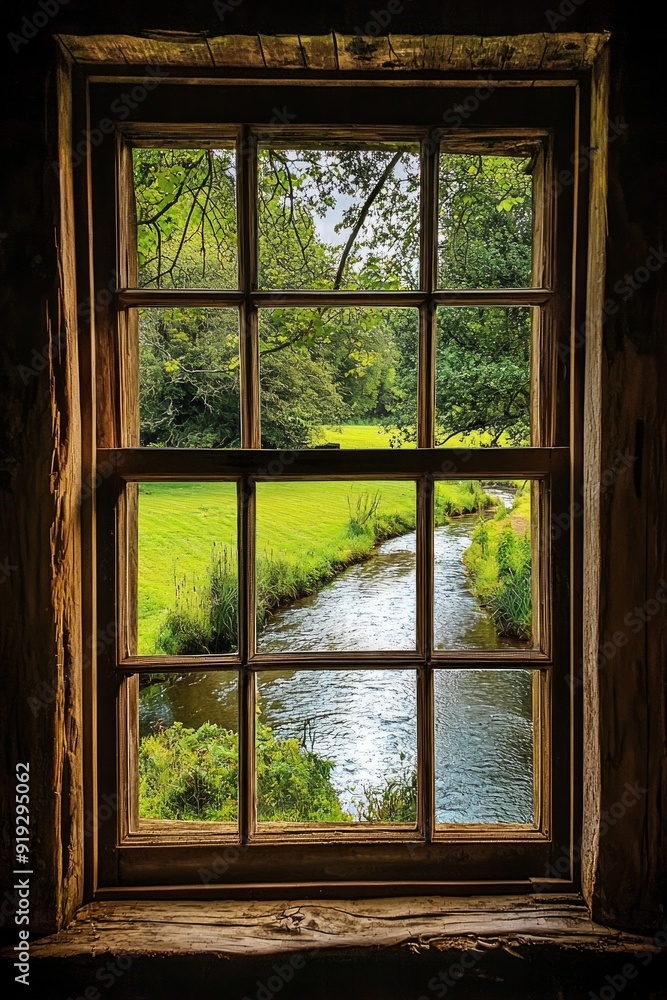 A window in a quiet country inn, with a view of a peaceful river winding through green meadows. A window in a quiet country inn, with a view of a peaceful river winding through green meadows.