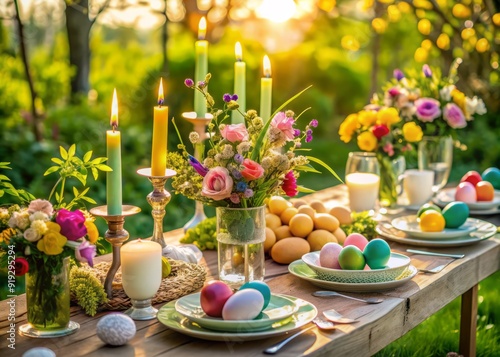 Vibrant Easter dinner table set amidst lush greenery, adorned with pastel-hued eggs, candles, and colorful blooms, exuding warmth and joy for a grand outdoor celebration. photo