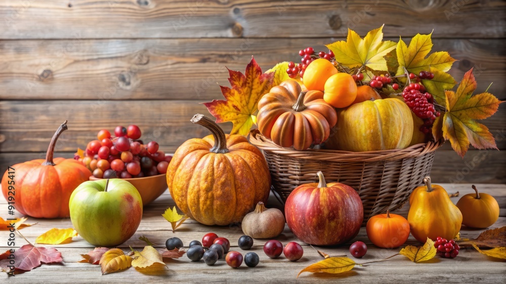 Cozy fall still life with autumn leaves, pumpkins, and seasonal fruits arranged on a rustic wooden table against a clean white background. Cozy fall still life with autumn leaves, pumpkins, and seasonal fruits arranged on a rustic wooden table against a clean white background.