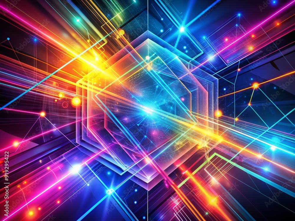 Obraz premium Vibrant neon lines and shapes dynamically intersect in a mesmerizing futuristic communication background, evoking digital data transmission and cutting-edge technology.