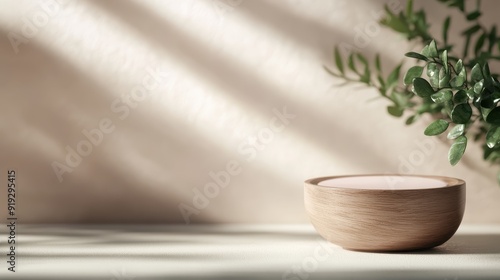 A wooden bowl set against a soft backdrop, adorned by a green leafy branch. Minimalistic design emphasizes simplicity and nature, creating a calm and organic image. photo