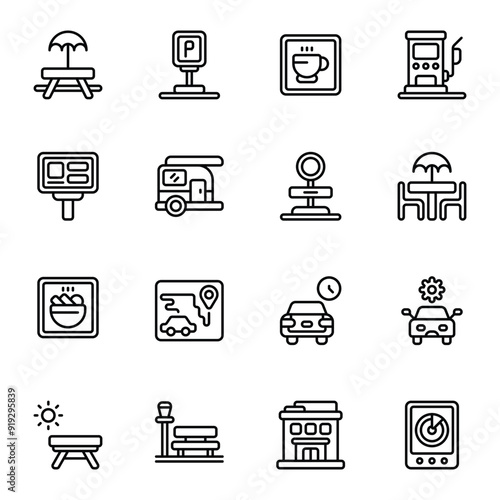 Rest Area icon set. Includes bench, coffee shop, gas oil, hotel, parking, park, and More. Outline icons vector collection.