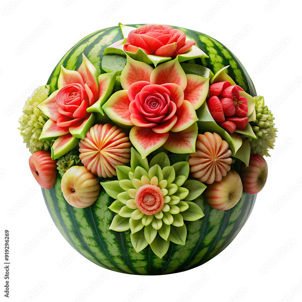 Obraz premium Exquisite watermelon carving transformed into a vibrant floral arrangement. Perfect for culinary projects, holiday art projects, and creative food presentations.