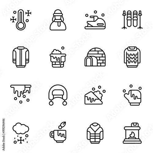 Winter icon set. Includes avalanche, coat, hail, glove, jet sky, sky, and More. Outline icons vector collection.