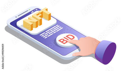 Human hand pushing bid button on mobile phone to buy nft at digital online auction isometric vector illustration. Cryptocurrency market, non-fungible token selling on virtual platform