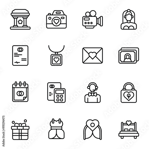 Wedding icon set. Includes arch, bride, invitation, gift box, wedding day, wedding dress, and More. Outline icons vector collection.