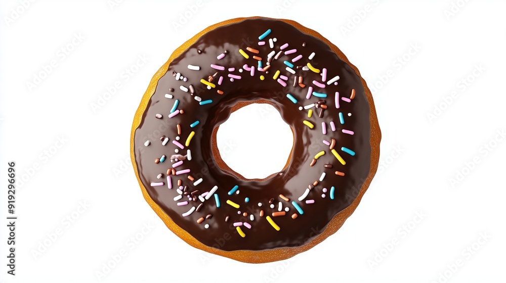 A delicious donut with chocolate glaze and colored sprinkles, on a white background A delicious donut with chocolate glaze and colored sprinkles, on a white background