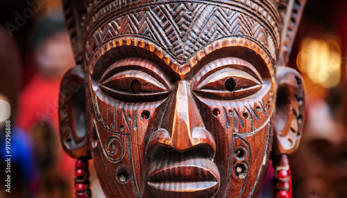 Hand carved ancient tribal African mask, with bold patterns and vibrant colors. Cultural heritage