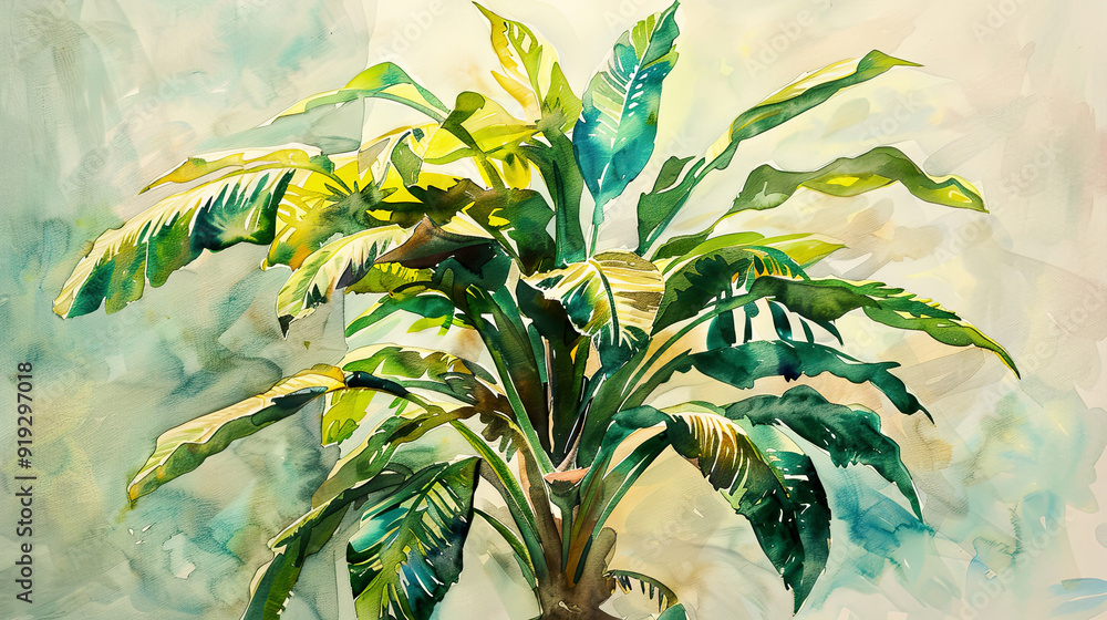 custom made wallpaper toronto digitalWatercolor Painting tropical ti plant in dry brush style, expressive strokes