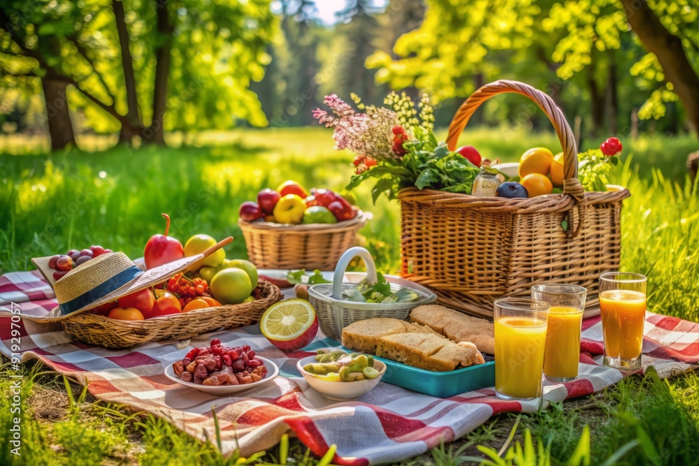 Vibrant outdoor picnic setup surrounded by lush greenery, featuring a wicker basket, colorful blankets, fresh fruits, sandwiches, refreshing drinks, and an array of appetizing snacks. Vibrant outdoor picnic setup surrounded by lush greenery, featuring a wicker basket, colorful blankets, fresh fruits, sandwiches, refreshing drinks, and an array of appetizing snacks.