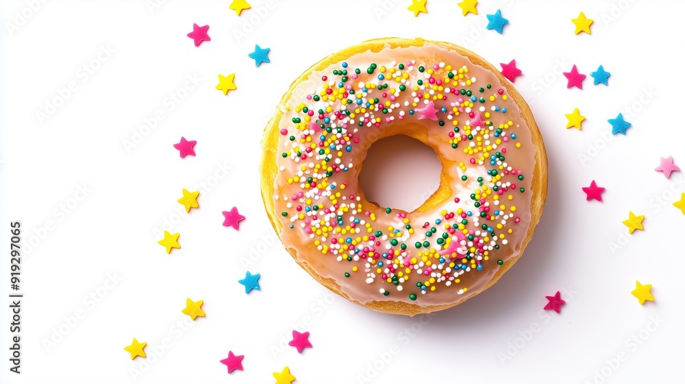 A delicious donut with white glaze and colored sprinkles, on a white background A delicious donut with white glaze and colored sprinkles, on a white background