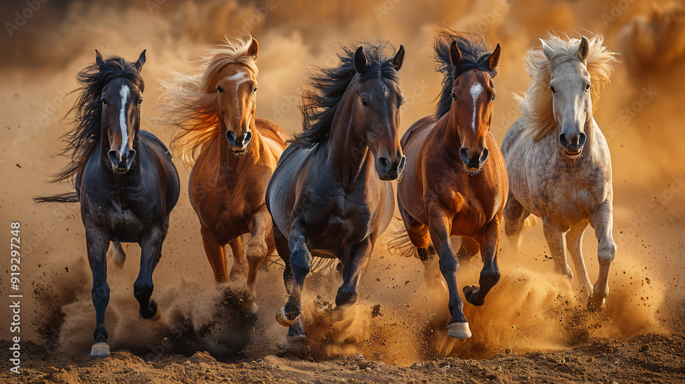 horses running in a field with dust kicking up behind them.