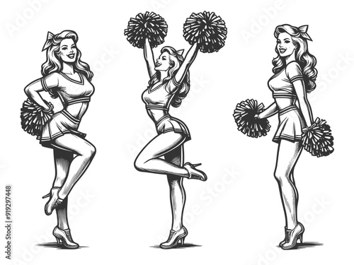 cheerleader in classic pin-up pose with pom-poms and a playful expression sketch engraving generative ai fictional character vector illustration. Scratch board imitation. Black and white image