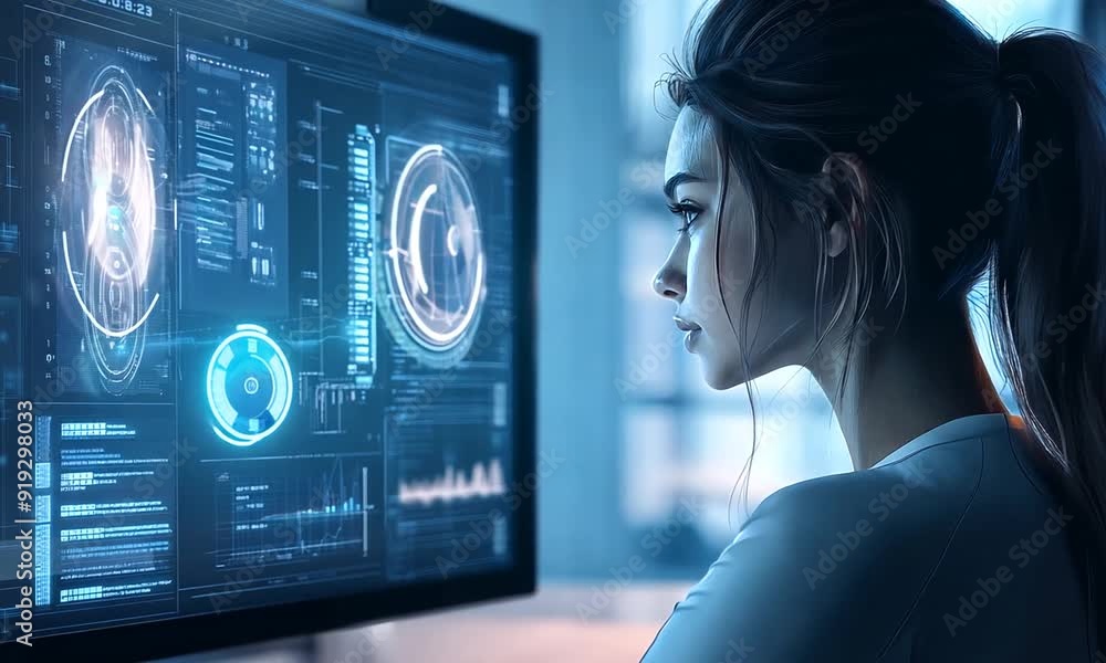 A woman IT specialist works at a monitor in the office A woman IT specialist works at a monitor in the office