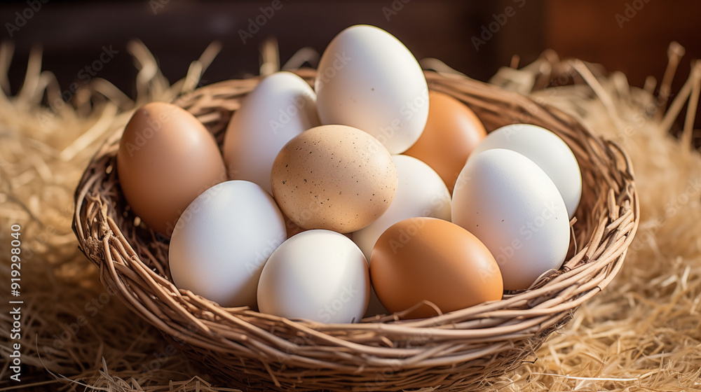 Farm Fresh Eggs In A Wicker Basket On A Bed Of Straw Illuminated By Warm Morning Light Farm Fresh Eggs In A Wicker Basket On A Bed Of Straw Illuminated By Warm Morning Light