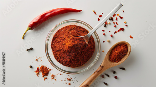 a small glass bowl filled with bright red chili powder, with a single chili pepper and a wooden spoon on a clean white surface © highspirit
