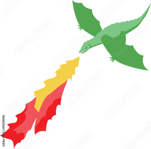 Green dragon flying and spitting fire in a simple colorful illustration