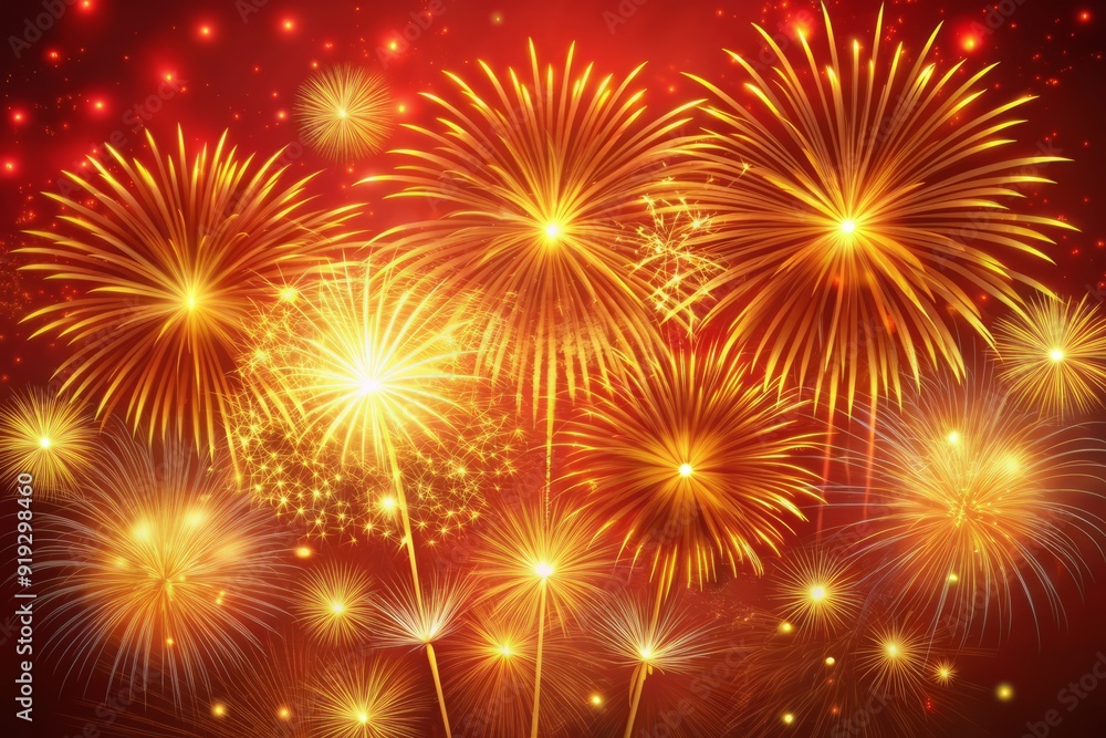 Fototapeta premium Vibrant golden fireworks explode against a bold red background, symbolizing good fortune and prosperity, perfect for Chinese New Year celebrations and festive decorations.